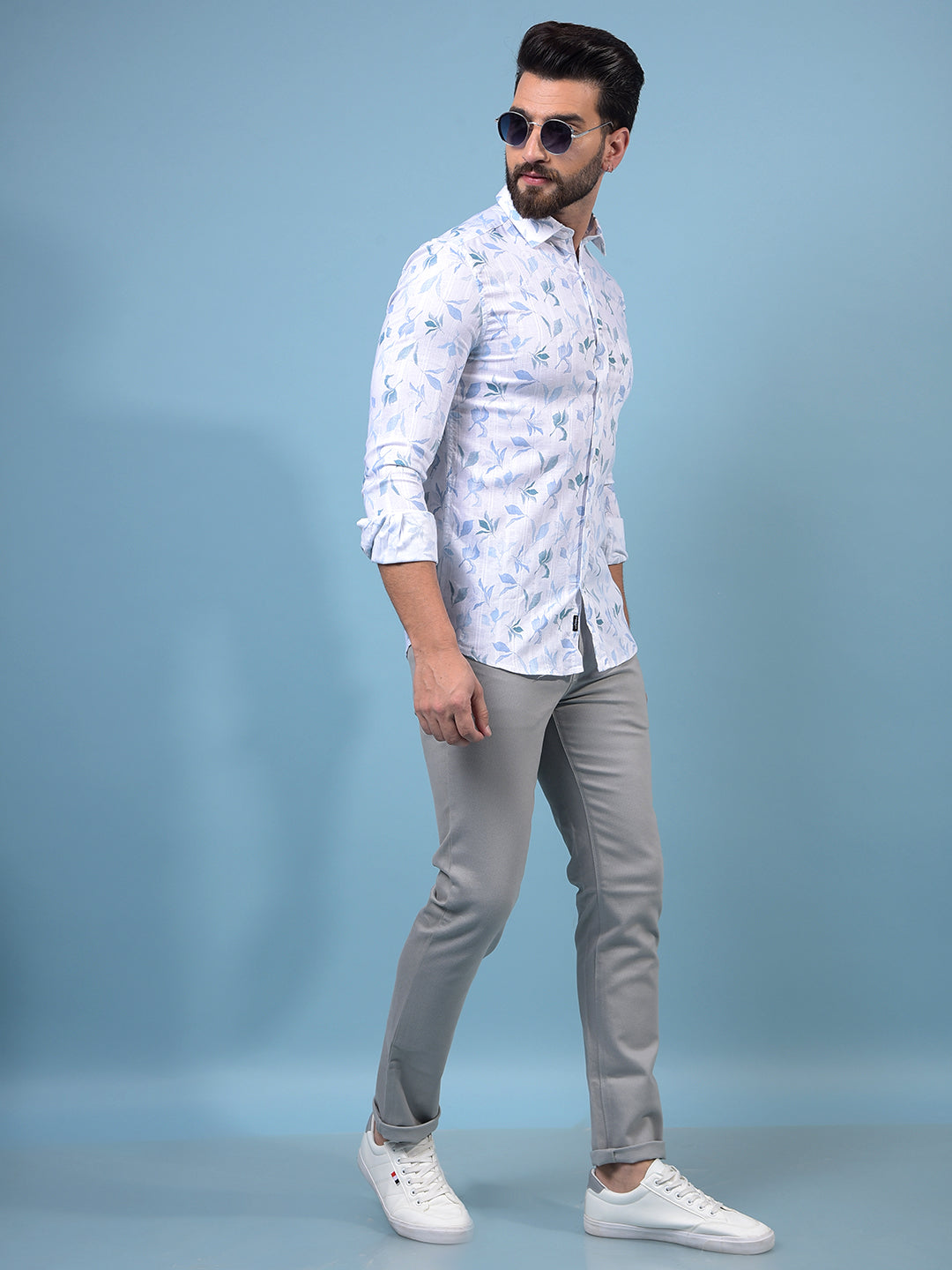 Men's Blue Floral Print Shirt-Men Shirts-Crimsoune Club