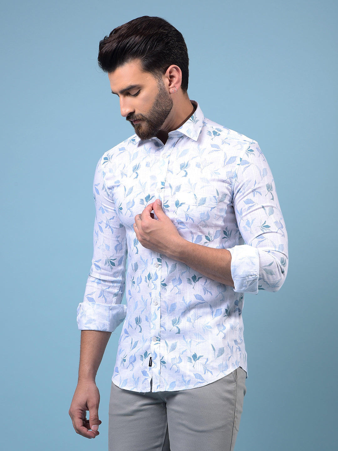 Men's Blue Floral Print Shirt-Men Shirts-Crimsoune Club