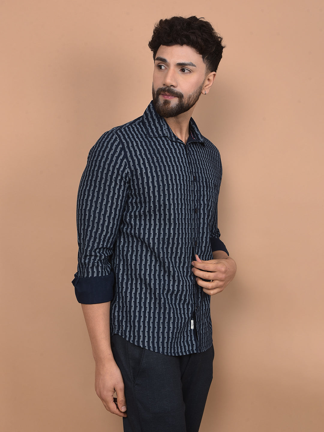 Navy Blue Printed 100% Cotton Shirt-Men Shirts-Crimsoune Club