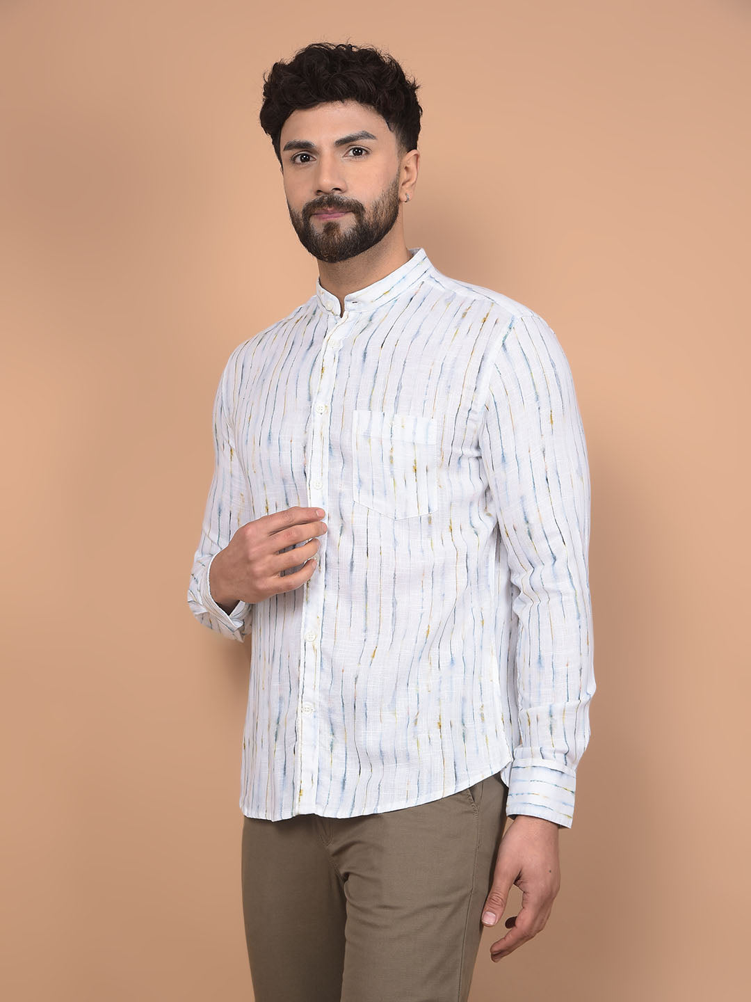 White Printed Linen Shirt-Men Shirts-Crimsoune Club