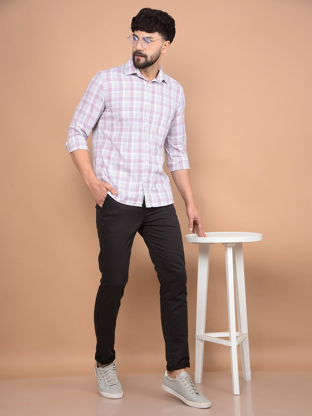 Purple Checked Linen Shirt-Men Shirts-Crimsoune Club