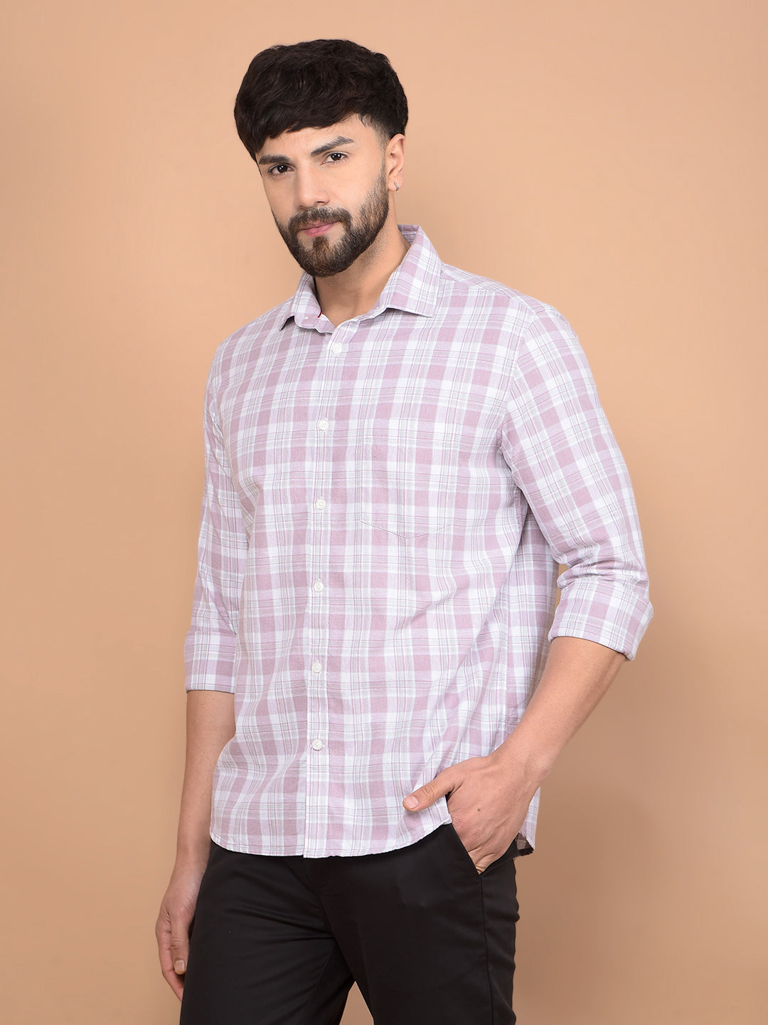 Purple Checked Linen Shirt-Men Shirts-Crimsoune Club