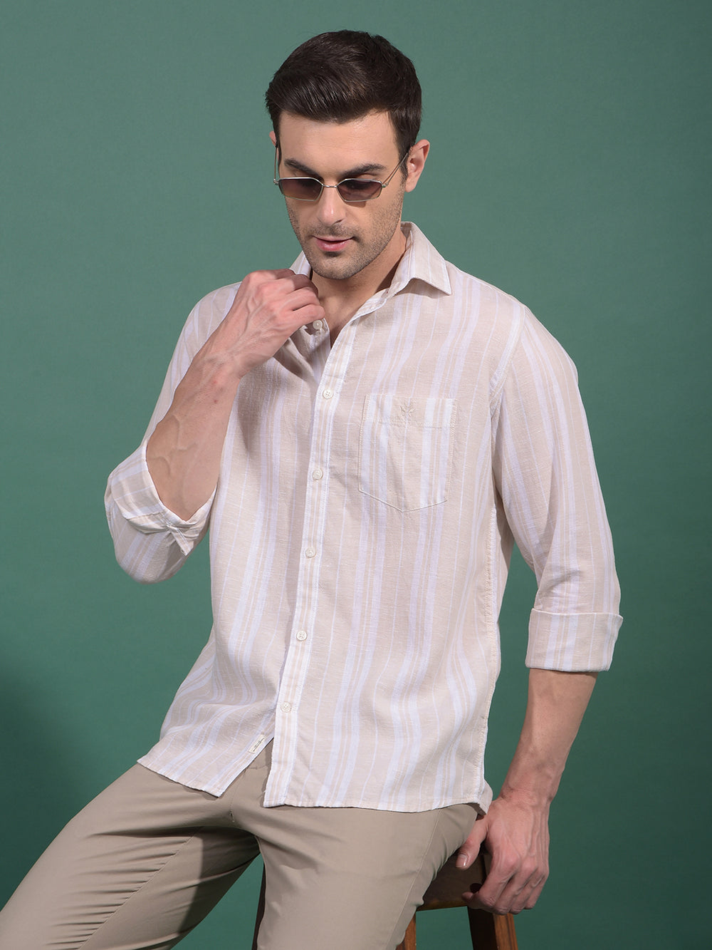Beige Vertical Stripes Linen Shirt-Men Shirts-Crimsoune Club