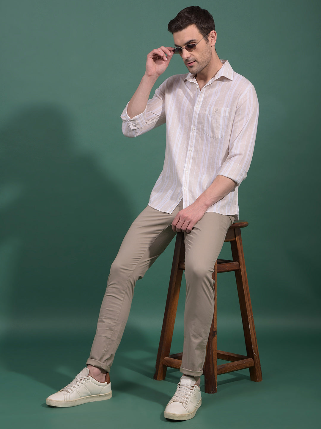 Beige Vertical Stripes Linen Shirt-Men Shirts-Crimsoune Club