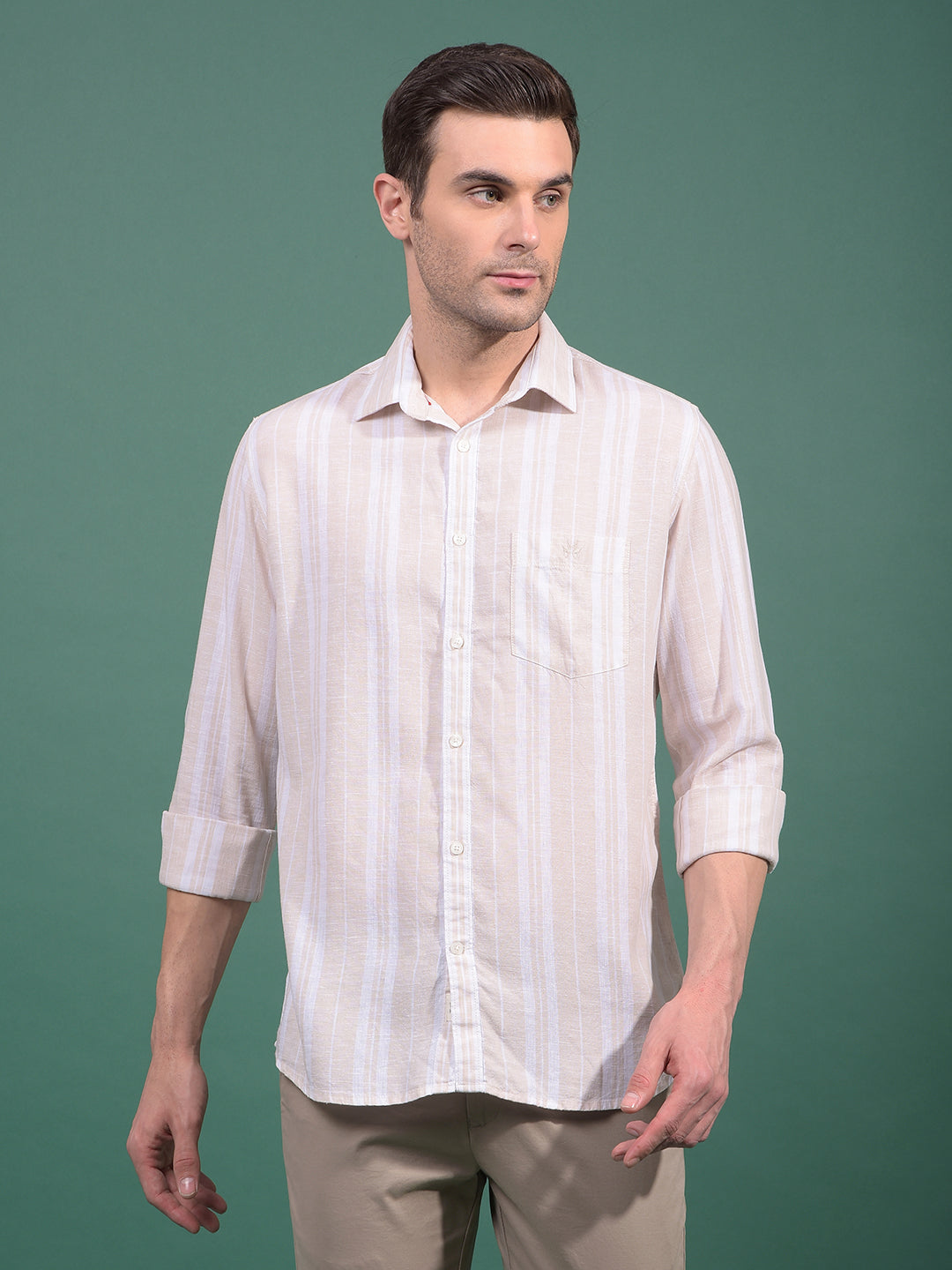 Beige Vertical Stripes Linen Shirt-Men Shirts-Crimsoune Club