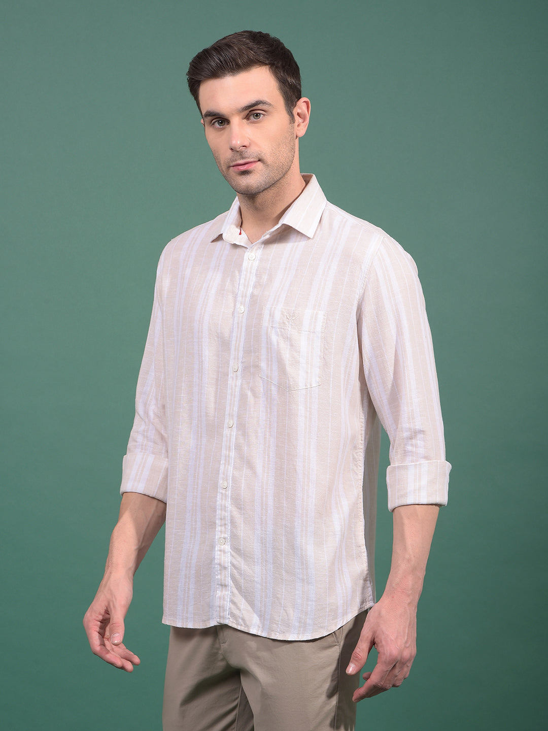 Beige Vertical Stripes Linen Shirt-Men Shirts-Crimsoune Club