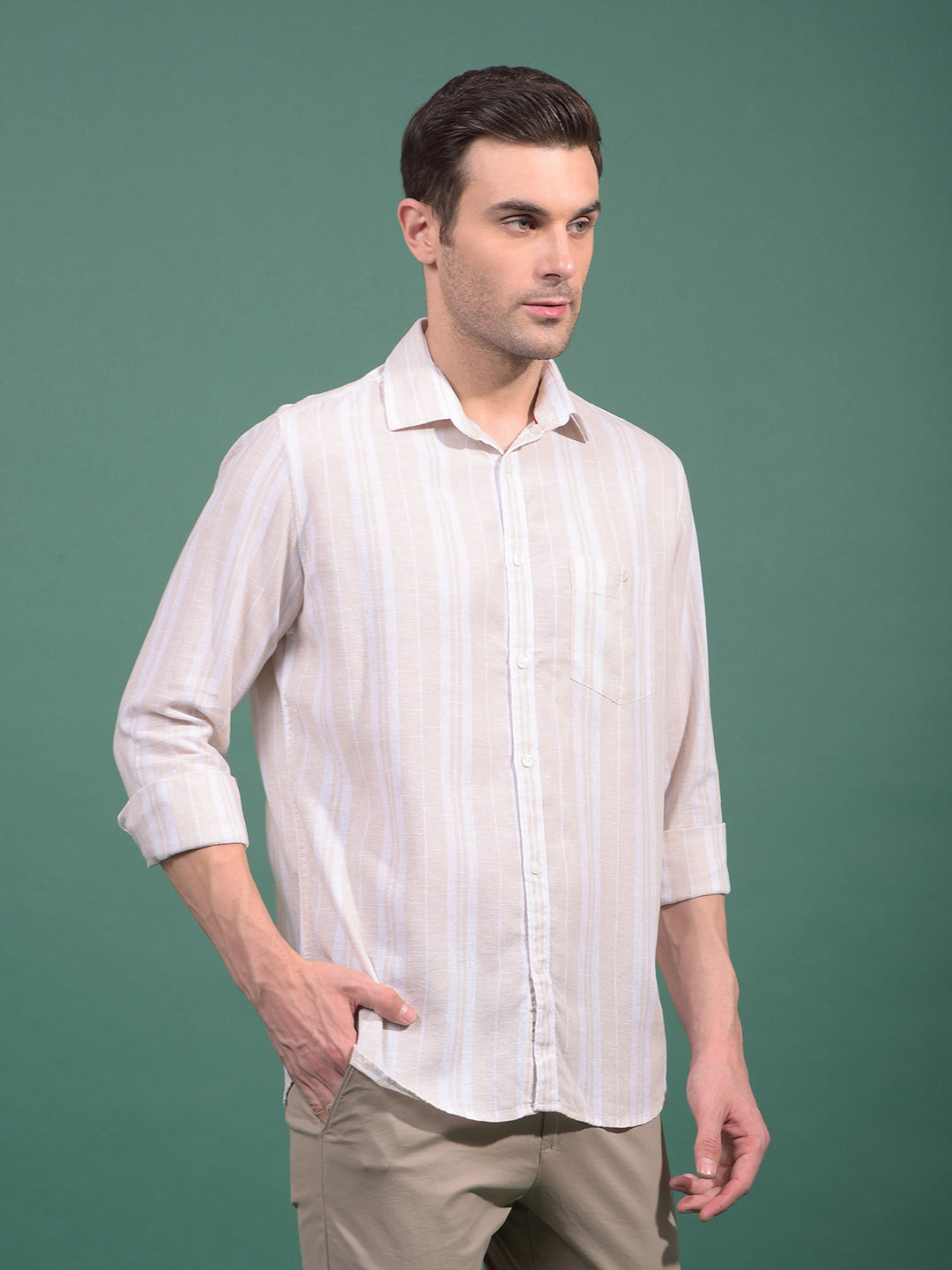Beige Vertical Stripes Linen Shirt-Men Shirts-Crimsoune Club