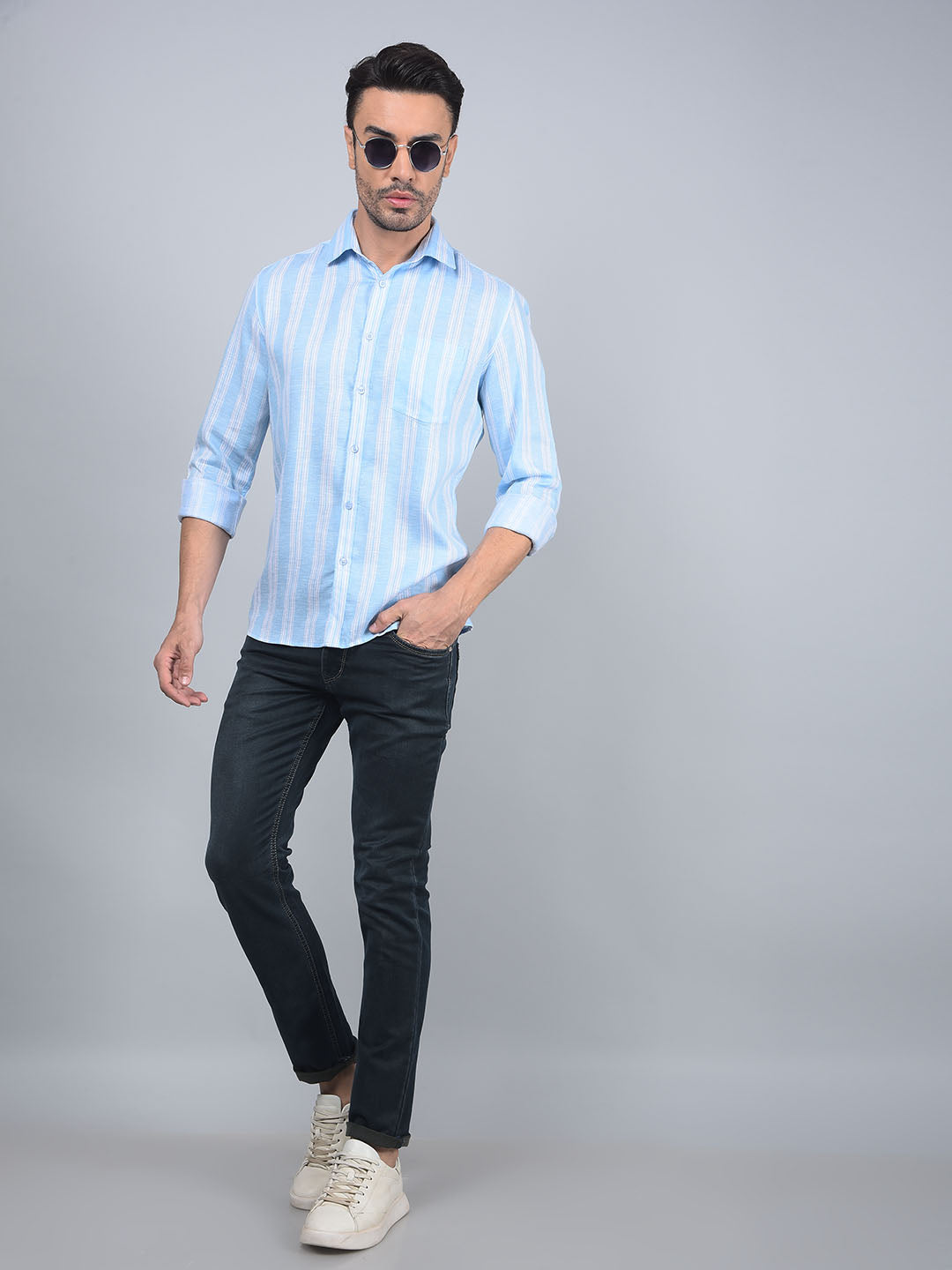 Blue Vertical Stripes 100% Cotton Shirt-Men Shirts-Crimsoune Club