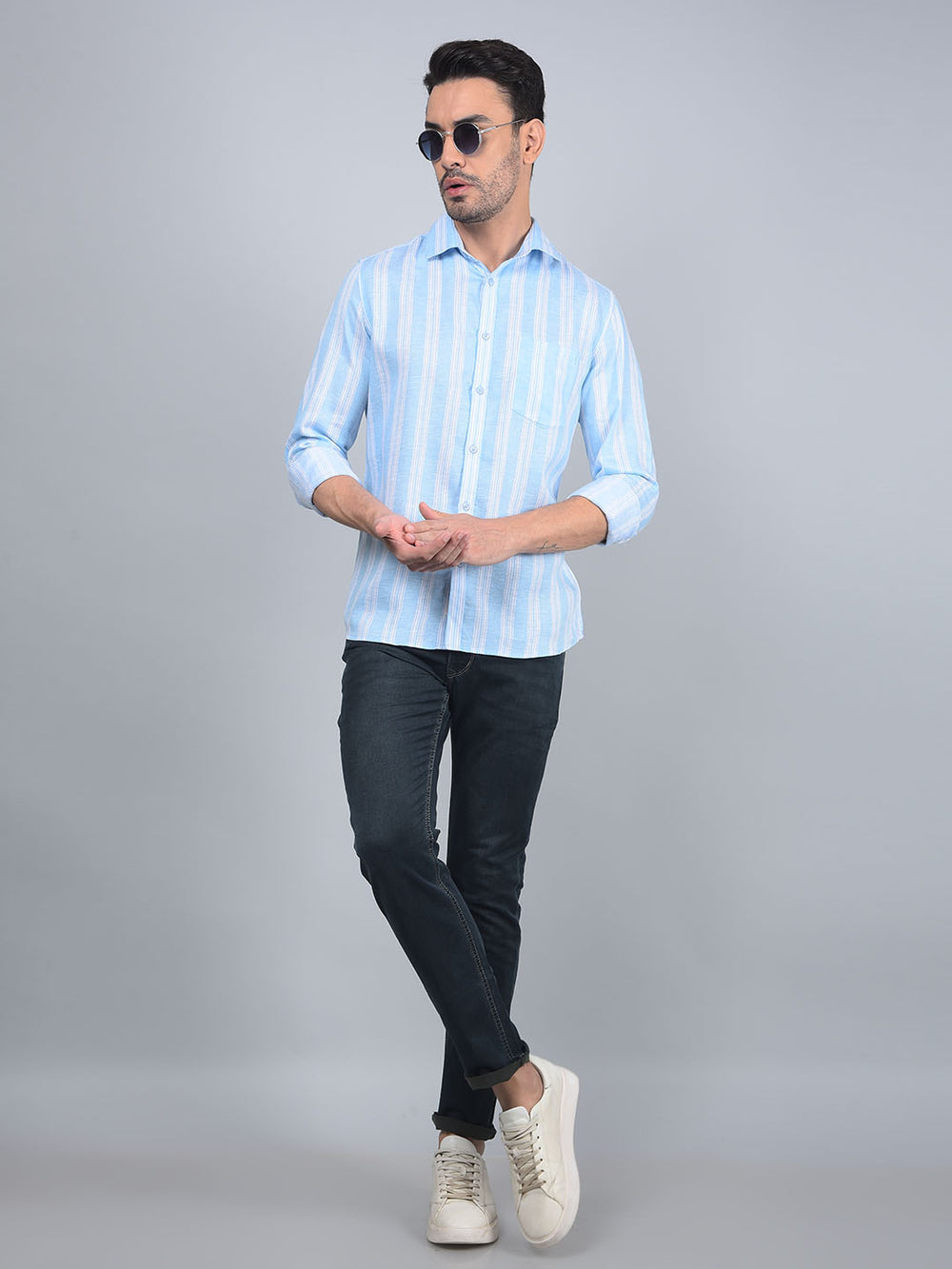 Blue Vertical Stripes 100% Cotton Shirt-Men Shirts-Crimsoune Club