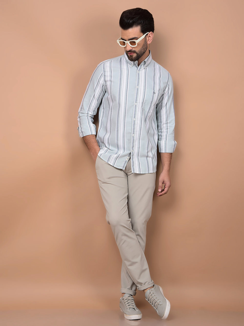 Green Vertical Stripes 100% Cotton Button Down Collar Shirt-Men Shirts-Crimsoune Club