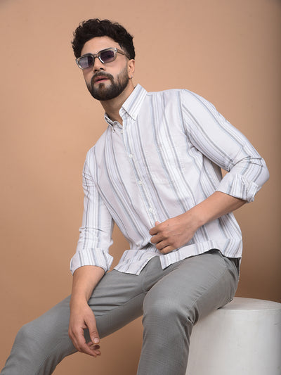 White Vertical Stripes 100% Cotton Button-Down Collar Shirt-Men Shirts-Crimsoune Club