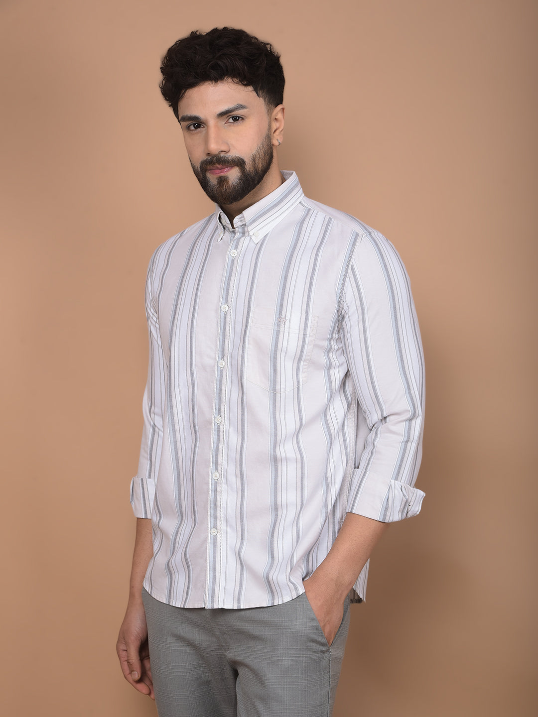 White Vertical Stripes 100% Cotton Button-Down Collar Shirt-Men Shirts-Crimsoune Club