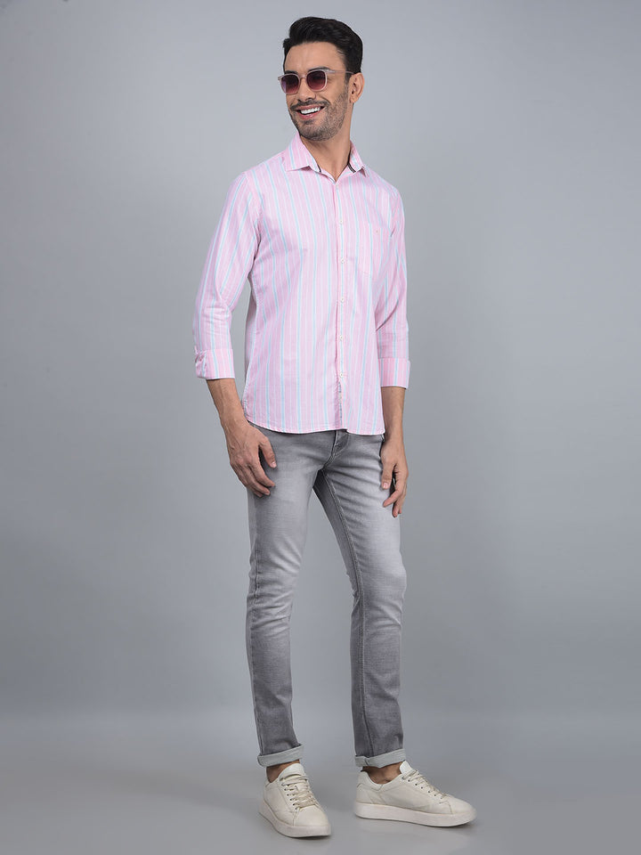 Pink Vertical Stripes 100% Cotton Shirt-Men Shirts-Crimsoune Club