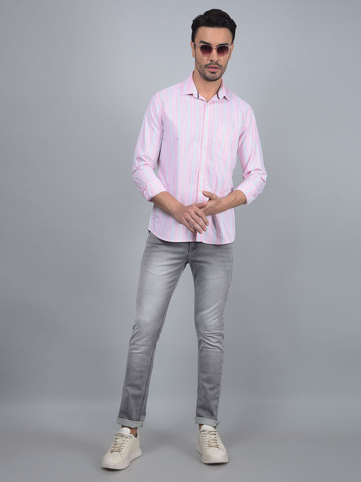 Pink Vertical Stripes 100% Cotton Shirt-Men Shirts-Crimsoune Club