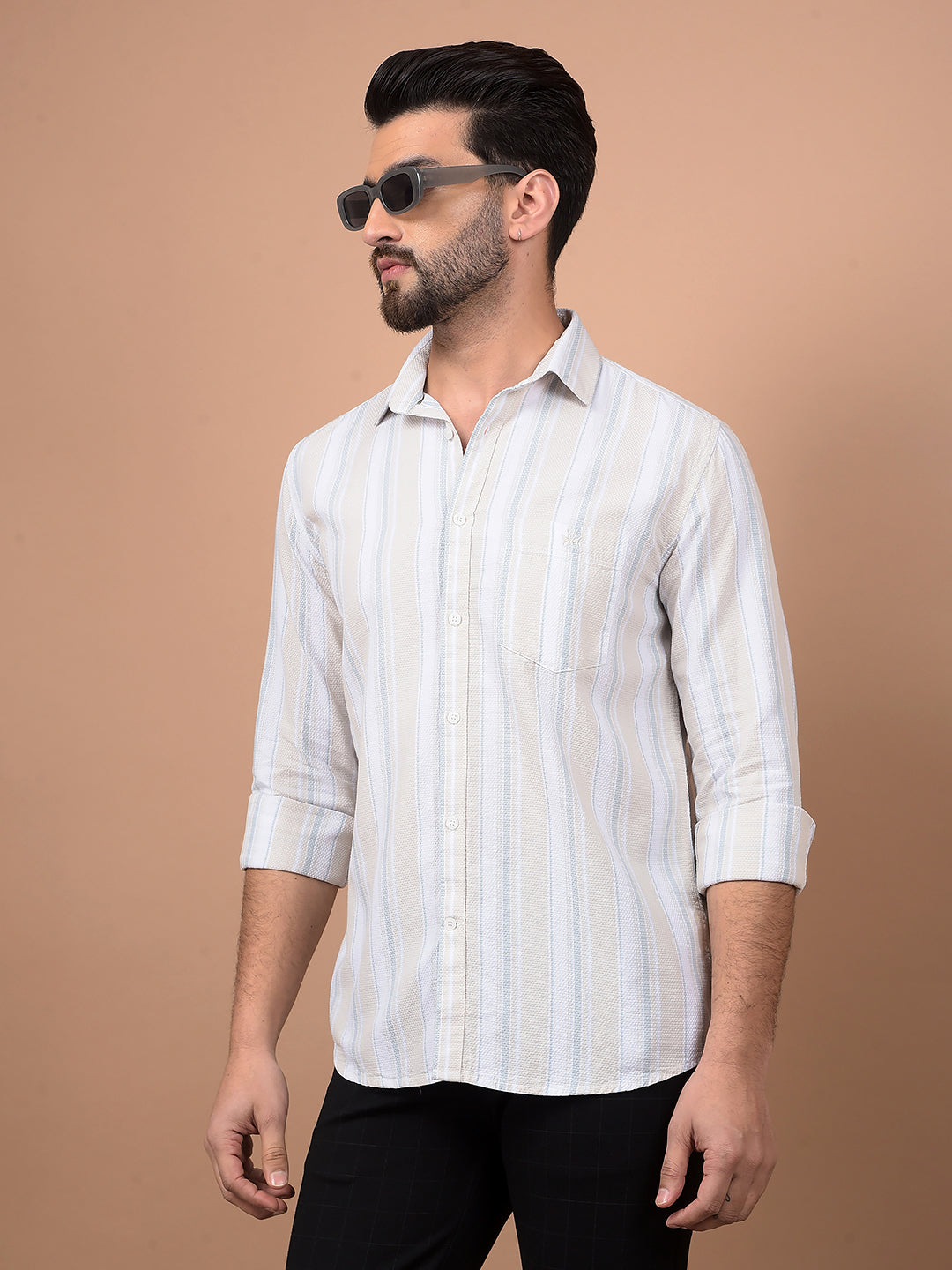 Beige Vertical Stripes 100% Cotton Shirt-Men Shirts-Crimsoune Club