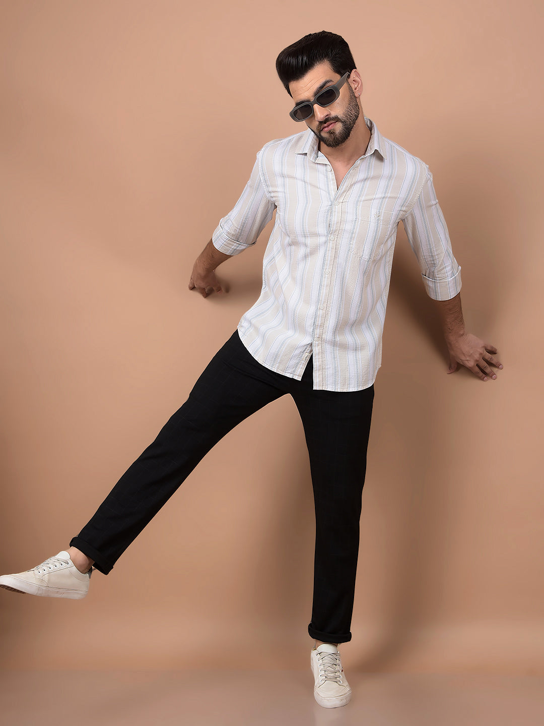 Beige Vertical Stripes 100% Cotton Shirt-Men Shirts-Crimsoune Club