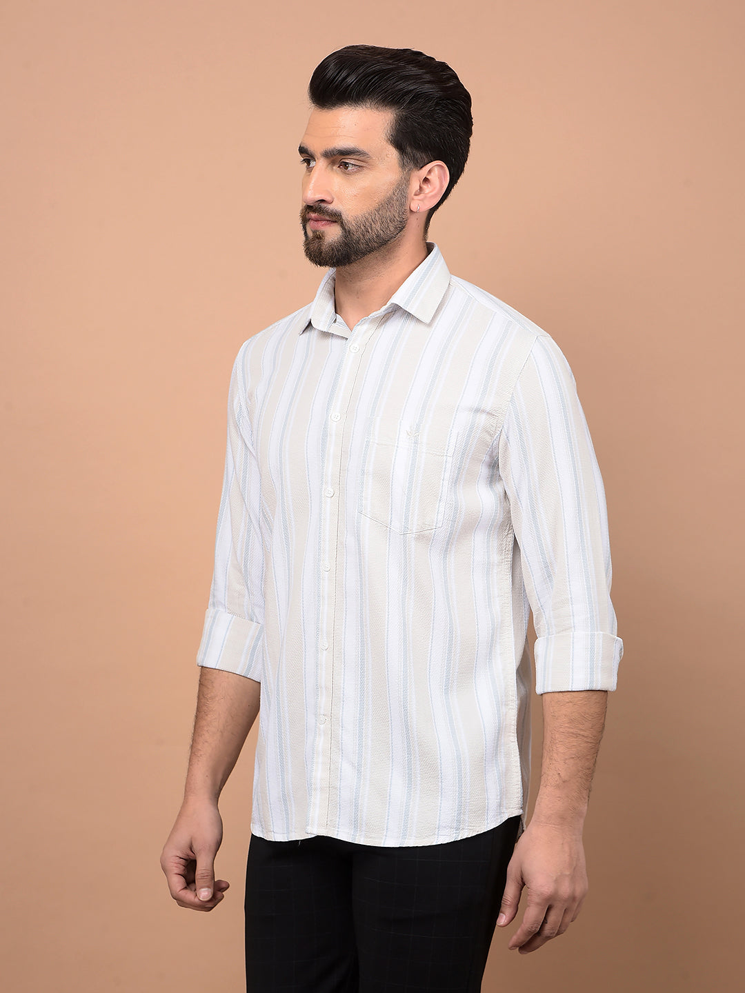 Beige Vertical Stripes 100% Cotton Shirt-Men Shirts-Crimsoune Club
