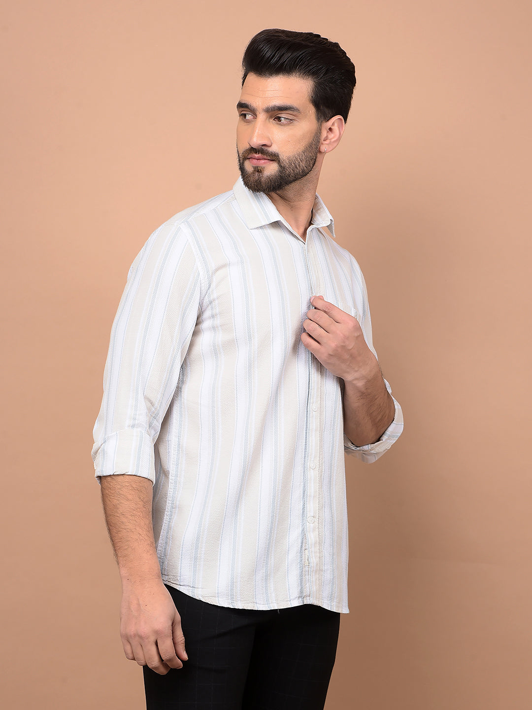Beige Vertical Stripes 100% Cotton Shirt-Men Shirts-Crimsoune Club
