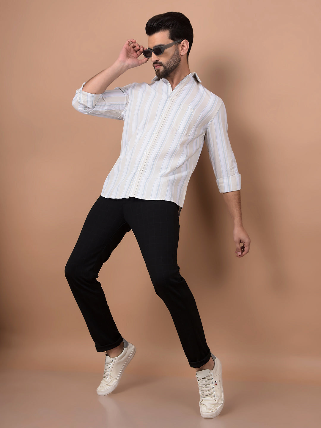 Beige Vertical Stripes 100% Cotton Shirt-Men Shirts-Crimsoune Club