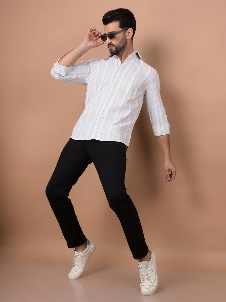 Beige Vertical Stripes 100% Cotton Shirt-Men Shirts-Crimsoune Club