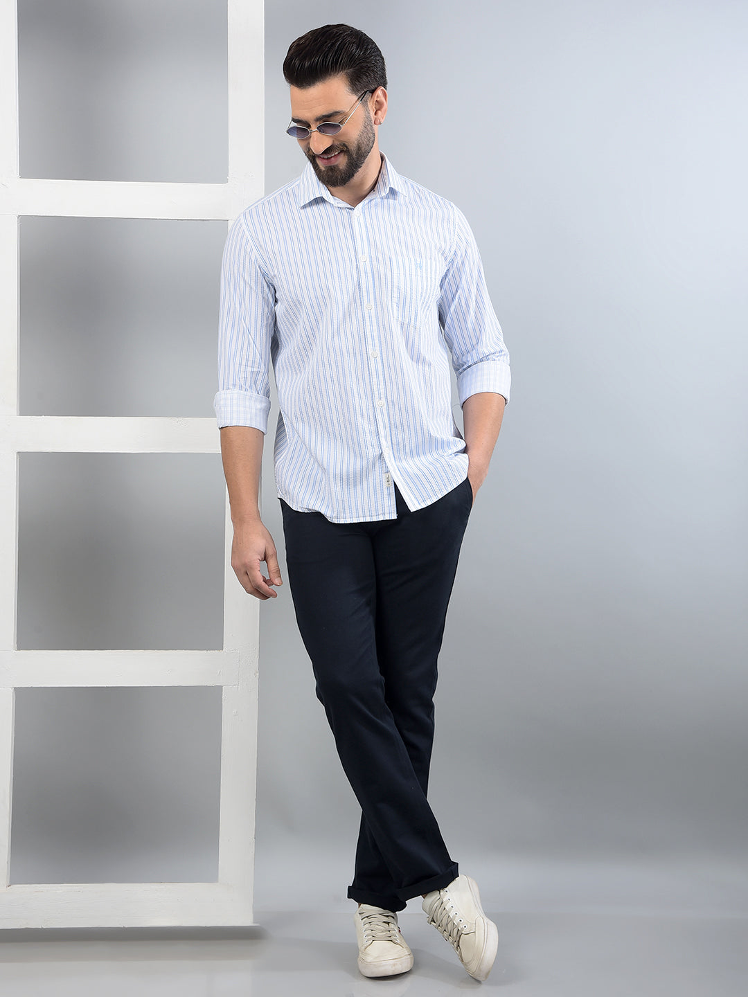 Blue Vertical Stripes 100% Cotton Shirt-Men Shirts-Crimsoune Club