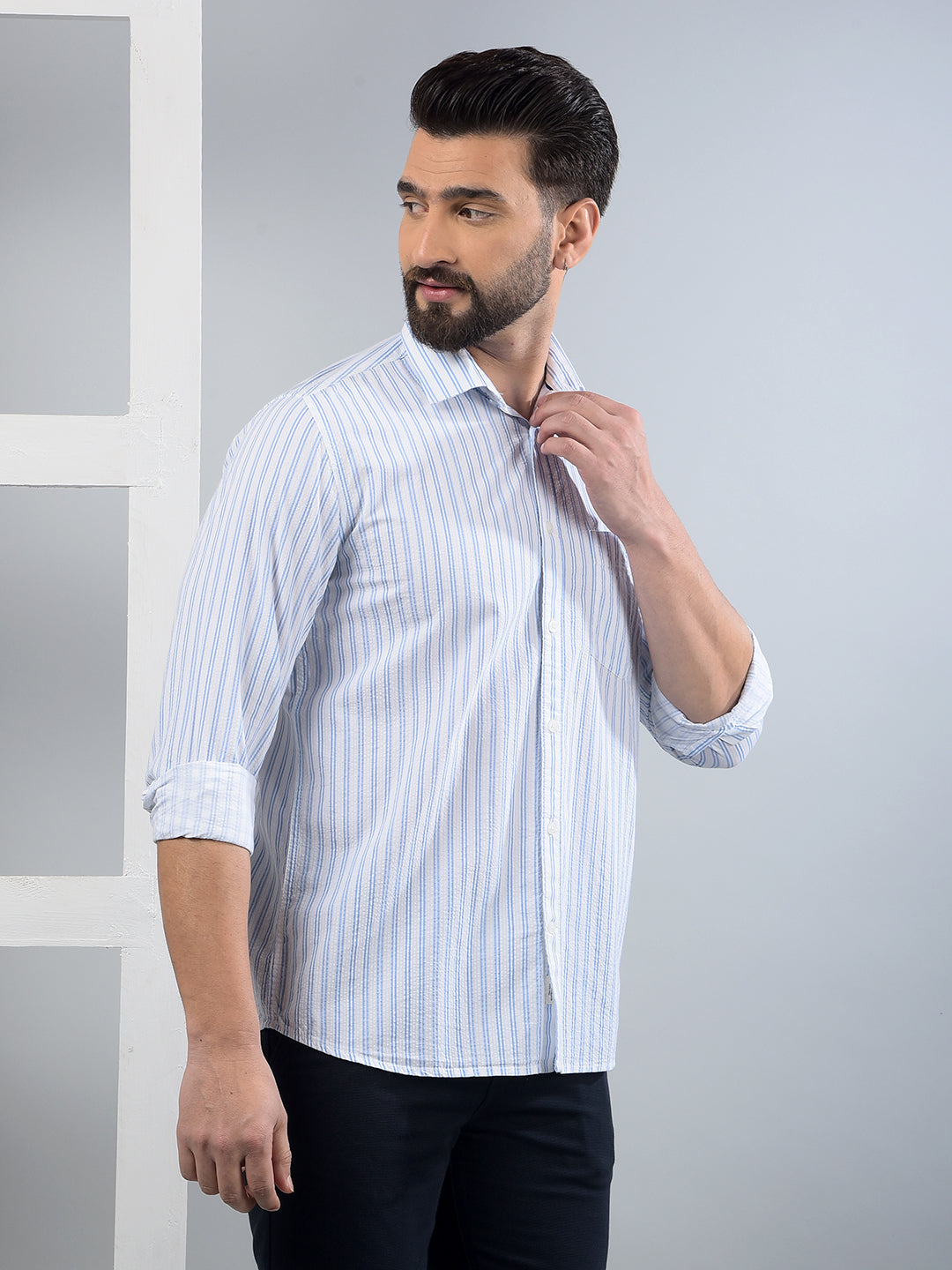 Blue Vertical Stripes 100% Cotton Shirt-Men Shirts-Crimsoune Club