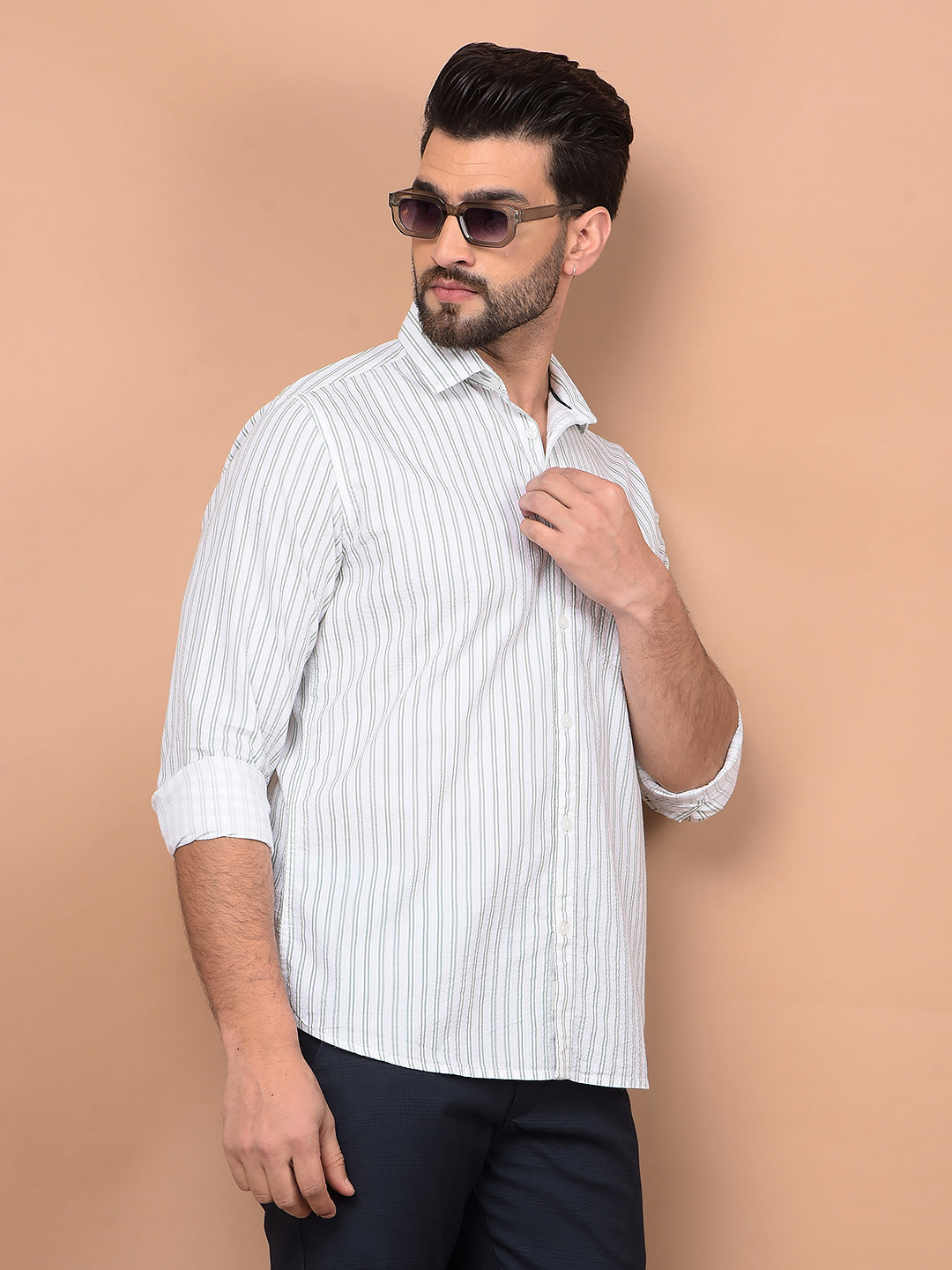 Green Vertical Stripes 100% Cotton Shirt-Men Shirts-Crimsoune Club