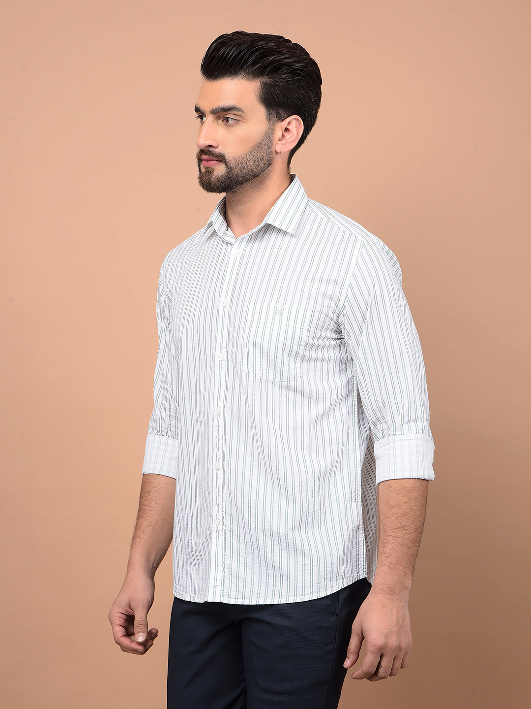 Green Vertical Stripes 100% Cotton Shirt-Men Shirts-Crimsoune Club