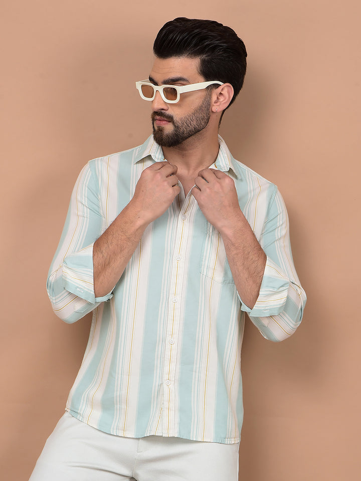 Green Vertical Stripes 100% Cotton Shirt-Men Shirts-Crimsoune Club