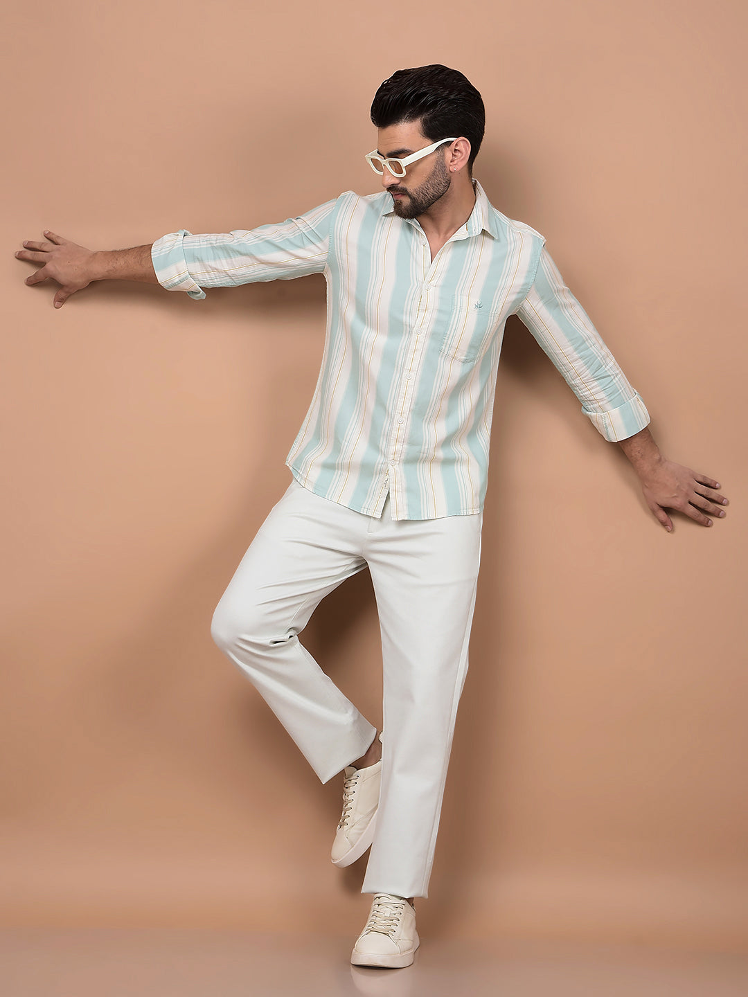 Green Vertical Stripes 100% Cotton Shirt-Men Shirts-Crimsoune Club