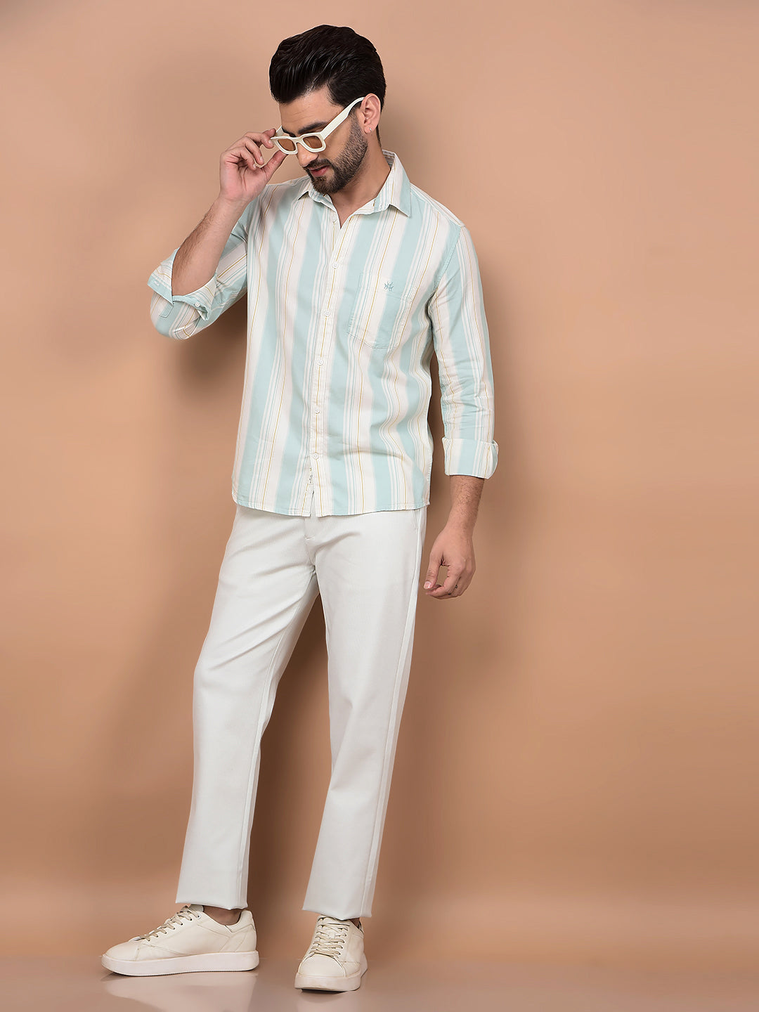 Green Vertical Stripes 100% Cotton Shirt-Men Shirts-Crimsoune Club