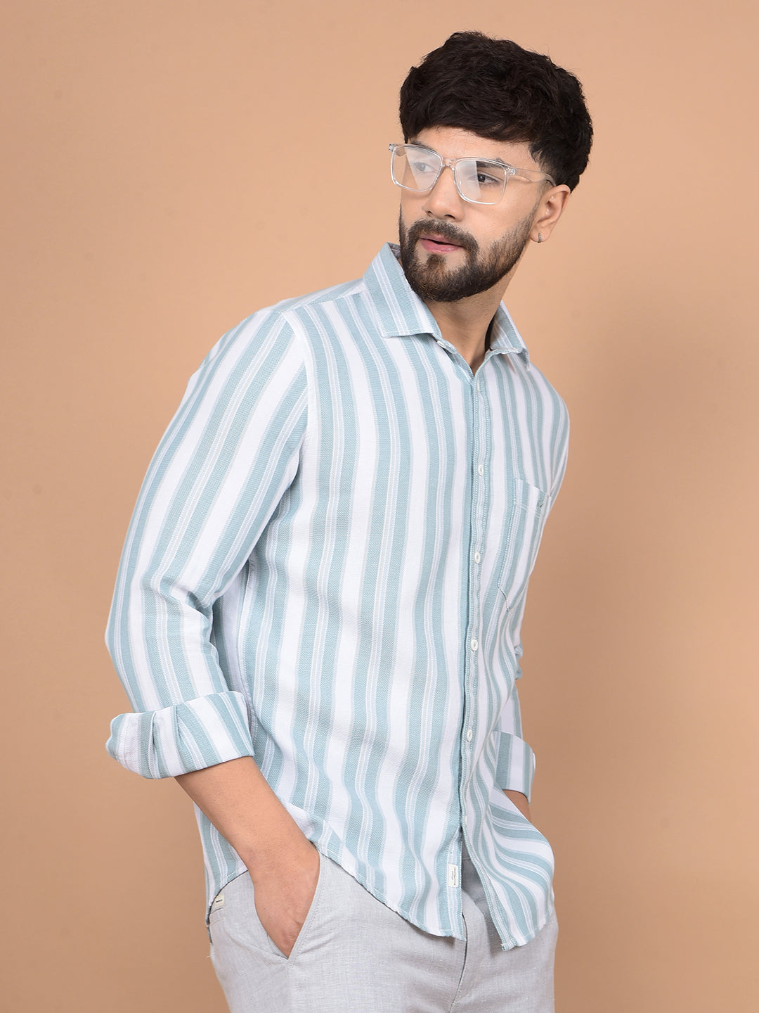 Green Vertical Stripes 100% Cotton Knitted Shirt-Men Shirts-Crimsoune Club