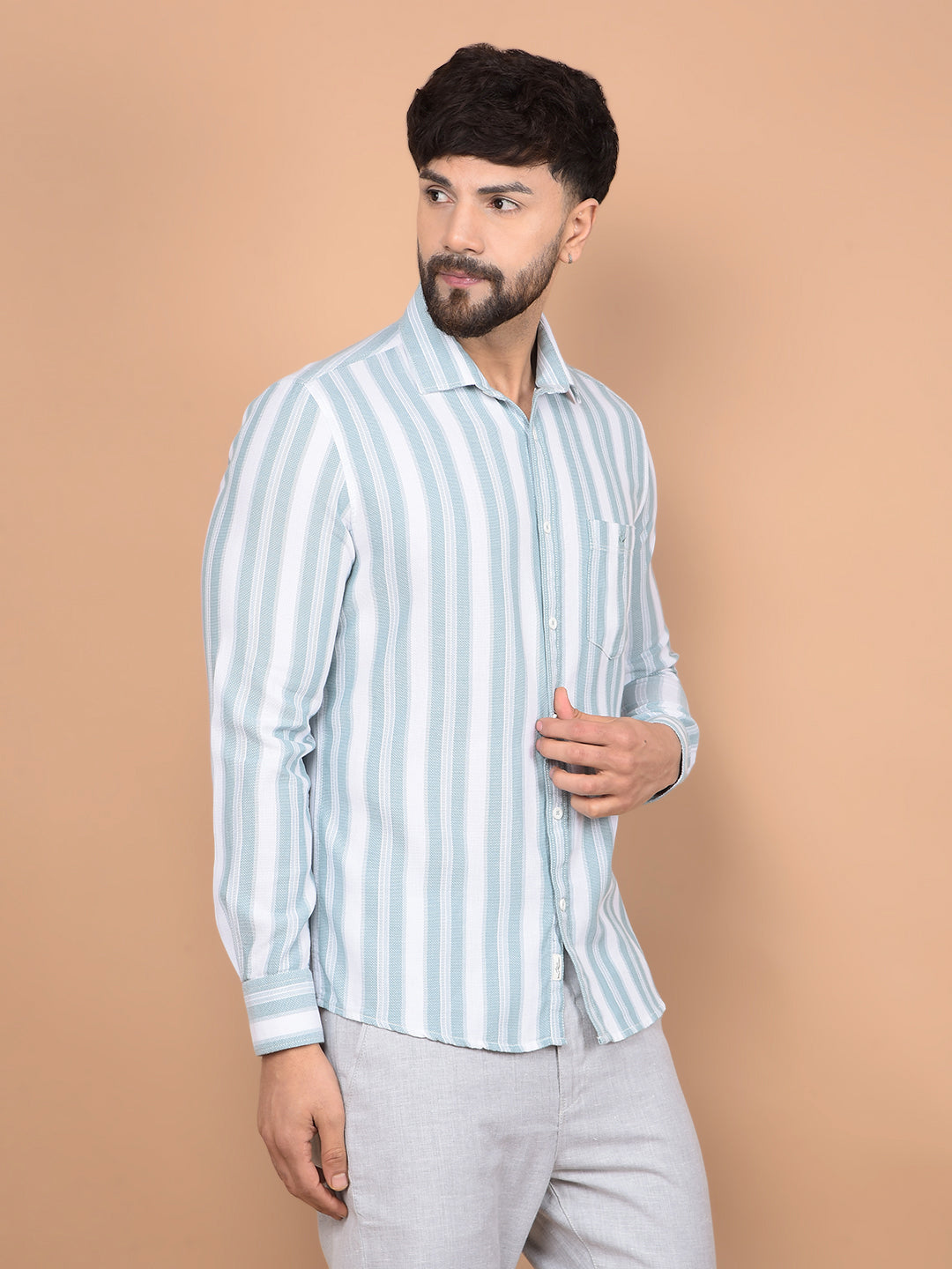 Green Vertical Stripes 100% Cotton Knitted Shirt-Men Shirts-Crimsoune Club