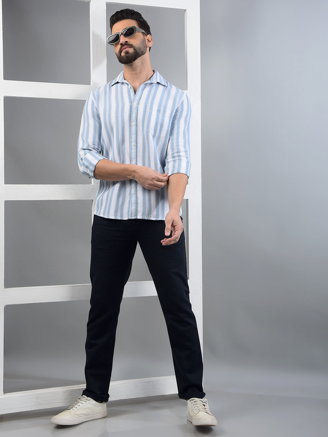 Blue Vertical Stripes 100% Cotton Shirt-Men Shirts-Crimsoune Club