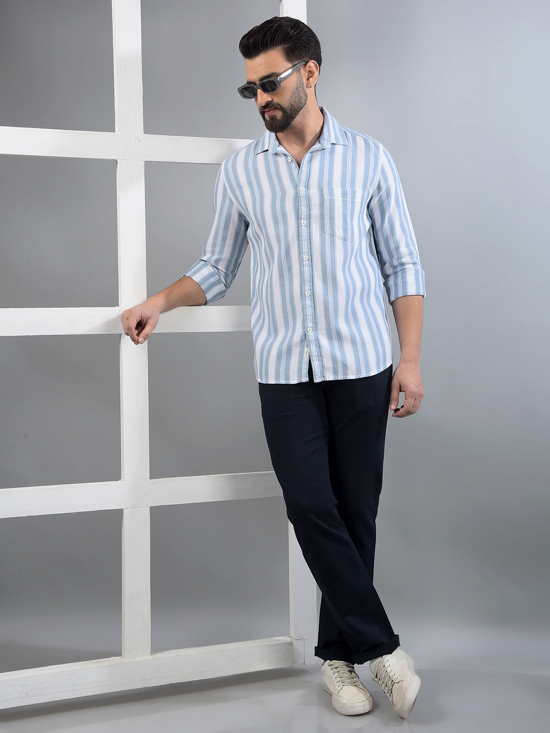 Blue Vertical Stripes 100% Cotton Shirt-Men Shirts-Crimsoune Club