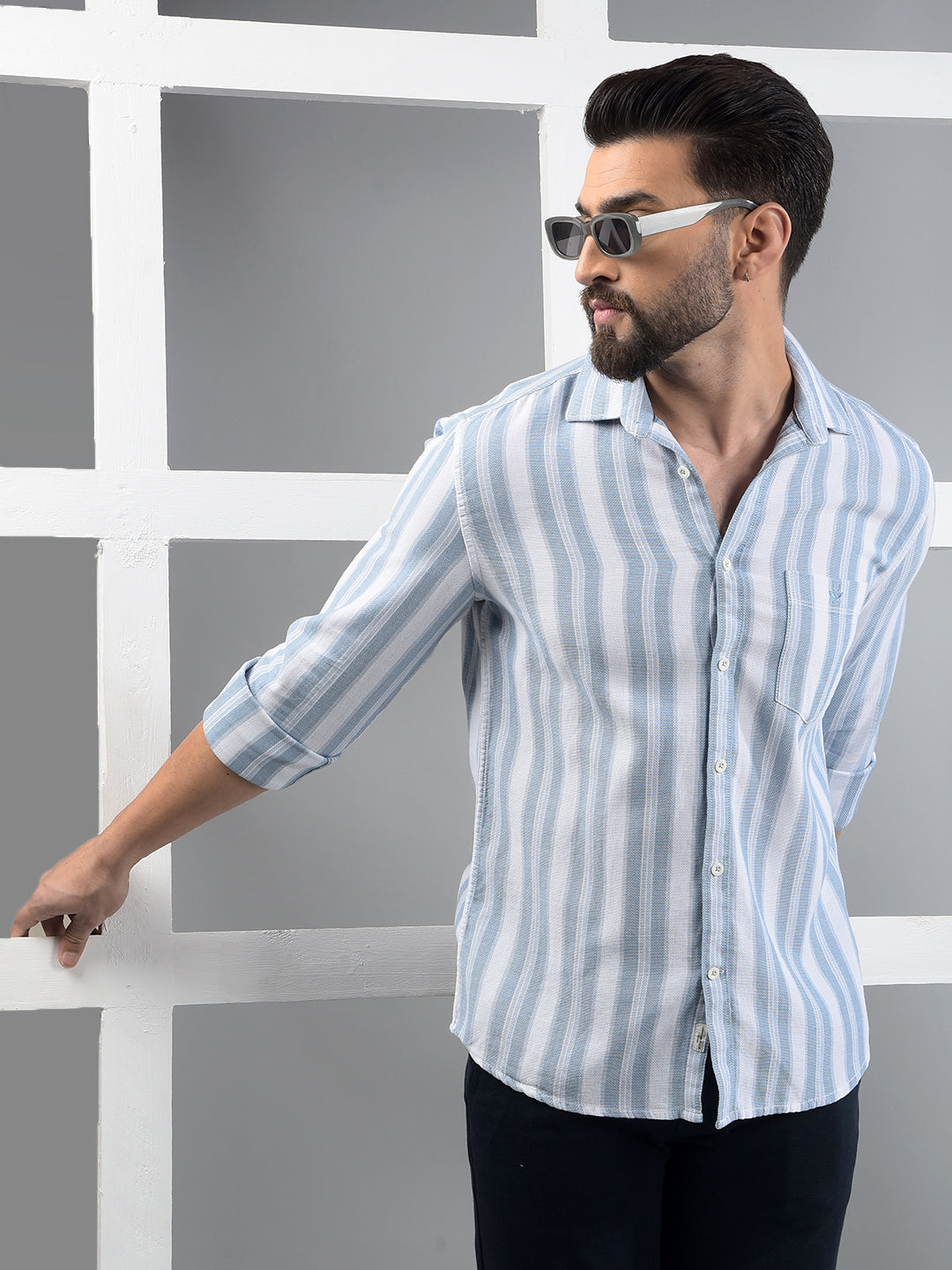 Blue Vertical Stripes 100% Cotton Shirt-Men Shirts-Crimsoune Club