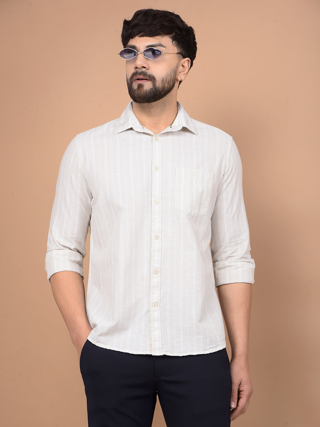 Beige Vertical Stripes Linen Shirt-Men Shirts-Crimsoune Club