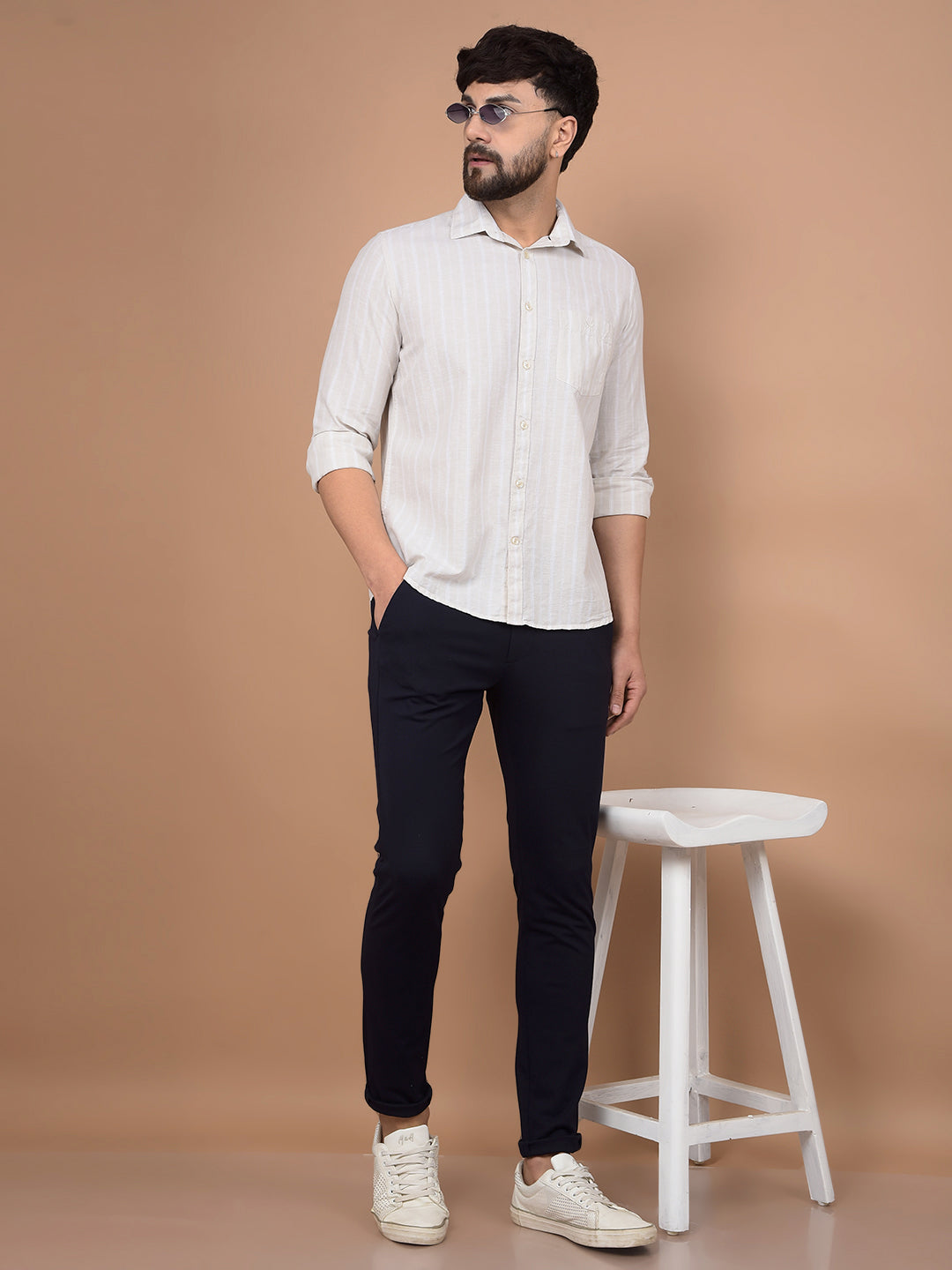 Beige Vertical Stripes Linen Shirt-Men Shirts-Crimsoune Club