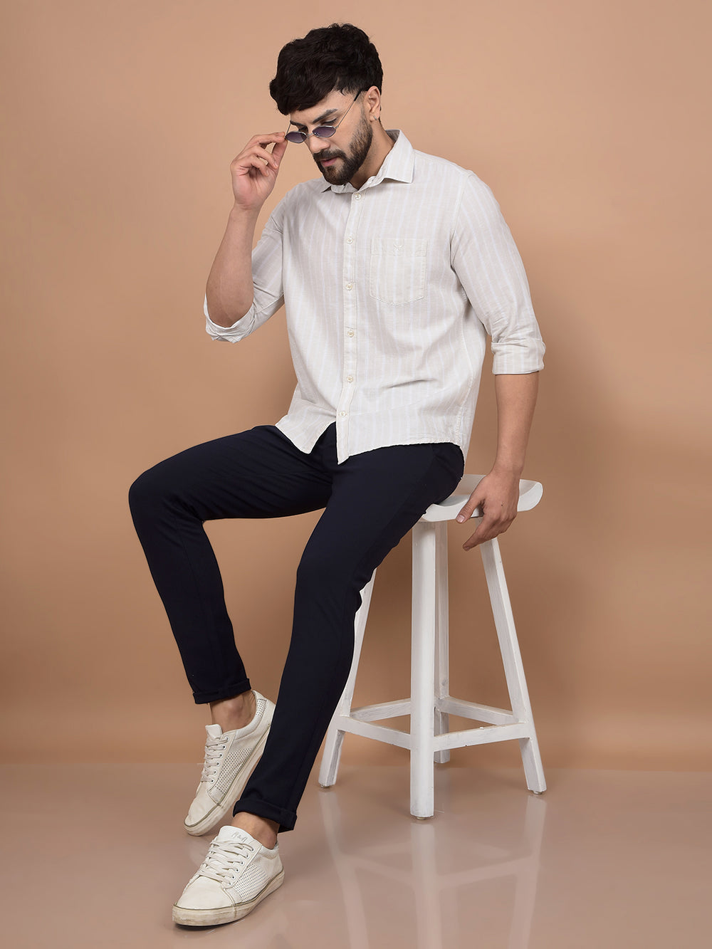 Beige Vertical Stripes Linen Shirt-Men Shirts-Crimsoune Club