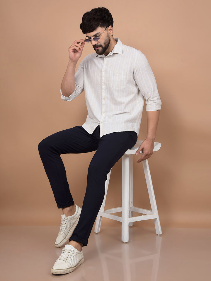 Beige Vertical Stripes Linen Shirt-Men Shirts-Crimsoune Club