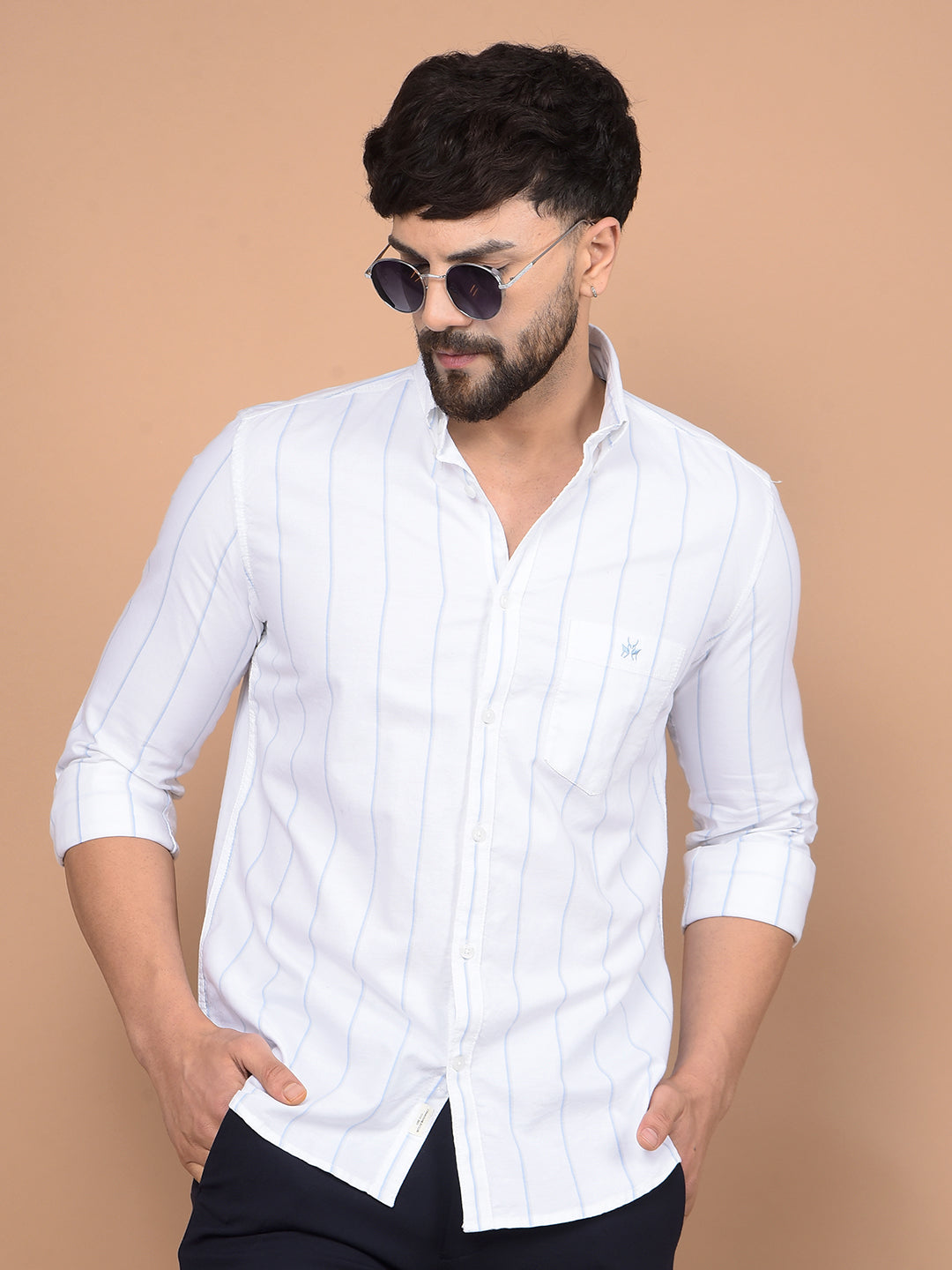 White Vertical Stripes 100% Cotton Button-Down Collar Shirt-Men Shirts-Crimsoune Club