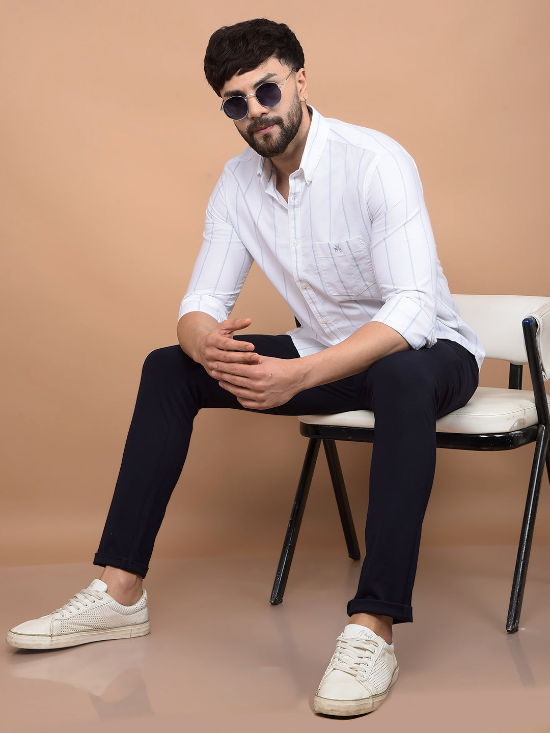 White Vertical Stripes 100% Cotton Button-Down Collar Shirt-Men Shirts-Crimsoune Club