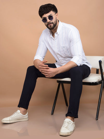 White Vertical Stripes 100% Cotton Button-Down Collar Shirt-Men Shirts-Crimsoune Club
