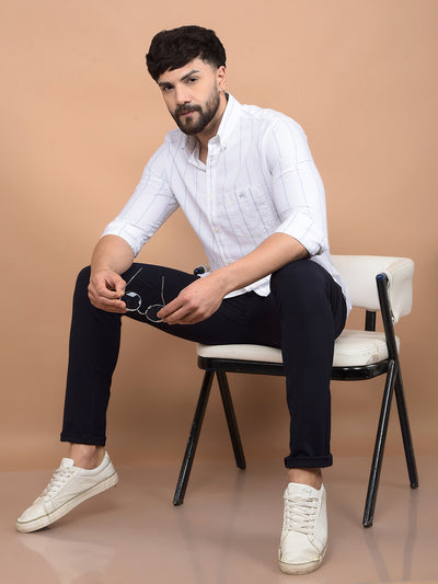 White Vertical Stripes 100% Cotton Button-Down Collar Shirt-Men Shirts-Crimsoune Club