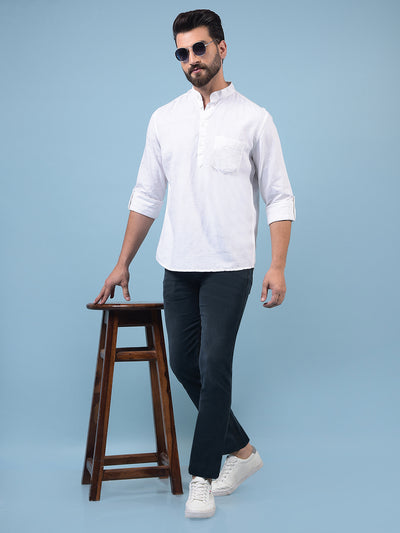 Men's White Embroidered Linen Kurta-Men Kurtas-Crimsoune Club
