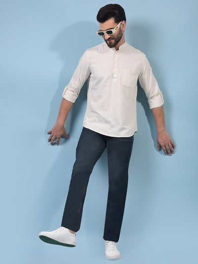 Men's Beige Embroidered Linen Kurta-Men Kurtas-Crimsoune Club