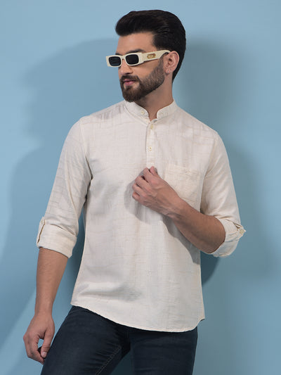 Men's Beige Embroidered Linen Kurta-Men Kurtas-Crimsoune Club