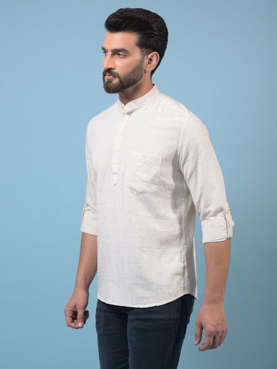 Men's Beige Embroidered Linen Kurta-Men Kurtas-Crimsoune Club