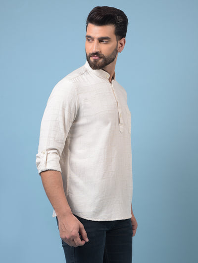Men's Beige Embroidered Linen Kurta-Men Kurtas-Crimsoune Club