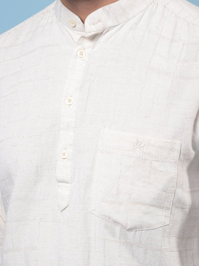 Men's Beige Embroidered Linen Kurta-Men Kurtas-Crimsoune Club